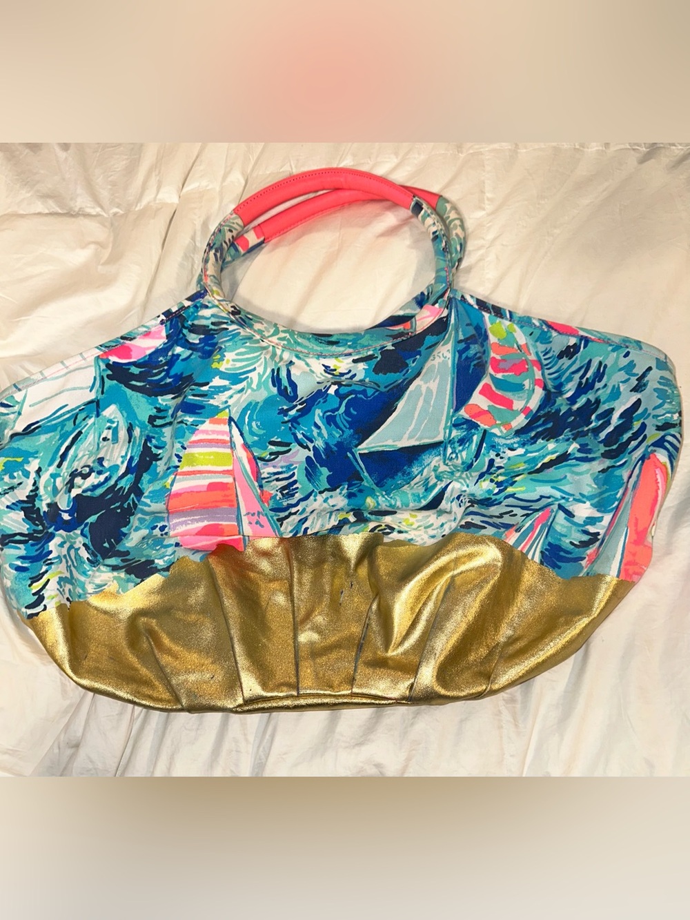 Lilly Pulitzer Blue Patterned Tote with Gold Base and Neon Pink Handles